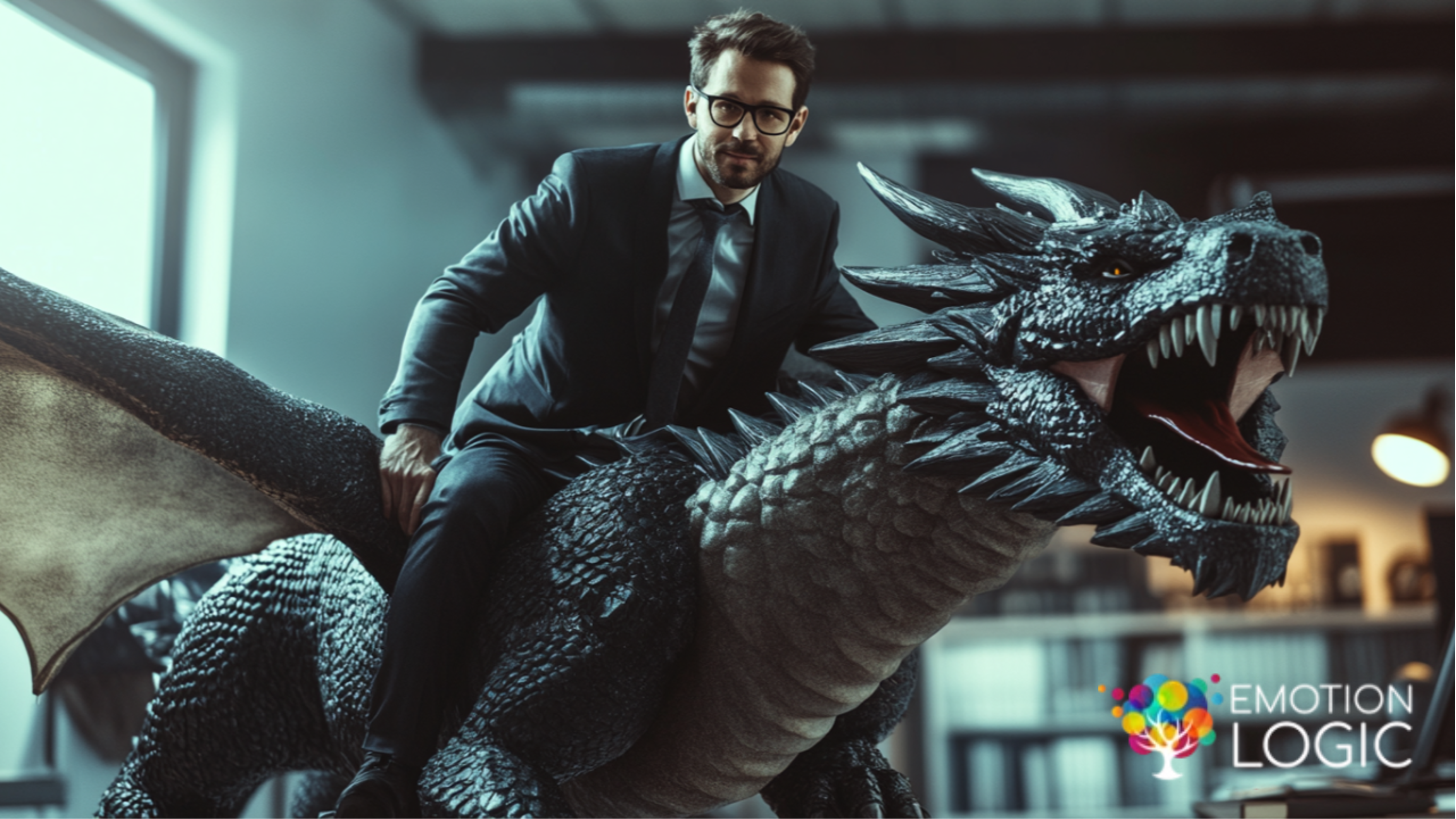 A businessman riding a dragon in his office